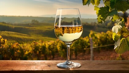  A crystal-clear wine glass filled with chilled white wine, placed on a wooden table with a v