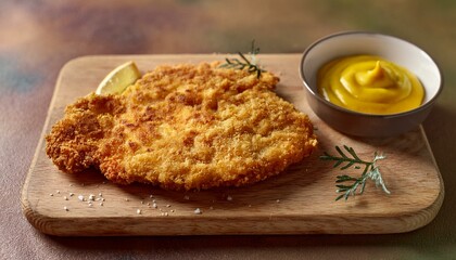 Wall Mural - A schnitzel cutlet resting on a rustic wooden cutting board, with a small bowl of mustard be 