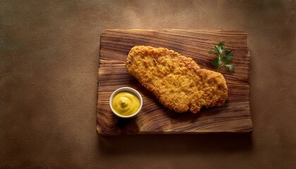 Wall Mural - A schnitzel cutlet resting on a rustic wooden cutting board, with a small bowl of mustard be 