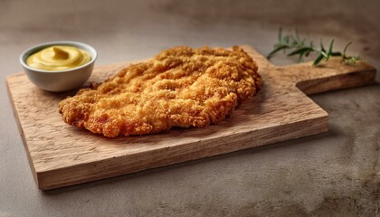 Wall Mural - A schnitzel cutlet resting on a rustic wooden cutting board, with a small bowl of mustard be