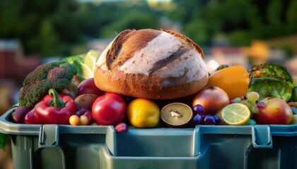 Wall Mural - A vibrant, fresh loaf of artisan bread resting on top of a pile of pristine fruits and veget