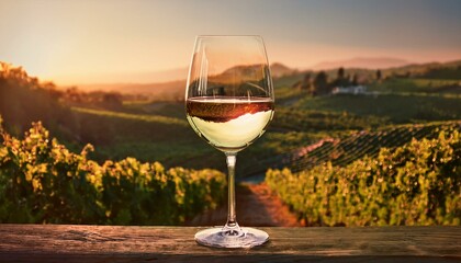 Wall Mural -  A wine glass half-filled with white wine, catching the warm tones of the golden hour, with a