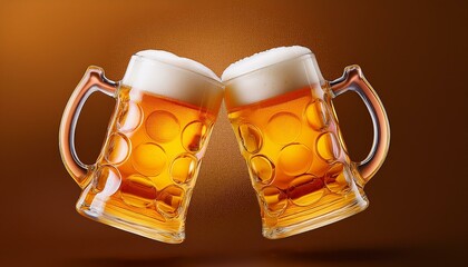 Wall Mural -  Two beer mugs clinking together, captured in a simple, clean icon style, against a plain bac