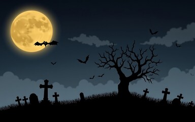 A spooky Halloween night scene with a yellow moon and black silhouettes of bats, a tree and a graveyard. 
