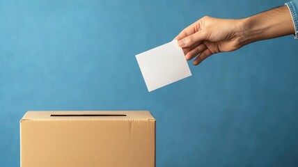 A hand placing a ballot into a box against a blue background, symbolizing voting and civic engagement.