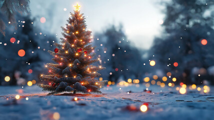 Poster - Festive Outdoor Christmas Tree with Snowfall and Lights Creating Holiday Atmosphere