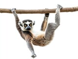 A lemur hanging from a branch, isolate on white background