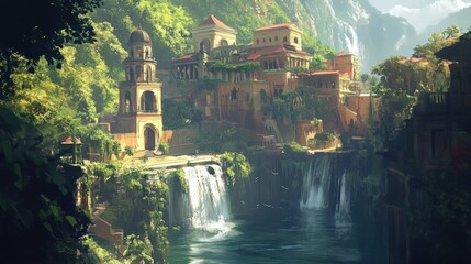 Poster - Ancient Stone Buildings Cascading Over Waterfalls in a Lush Forest