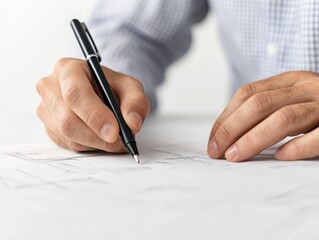 An engineer sketching eco-friendly product designs, hand-drawn style, isolated on white background