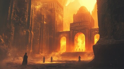 Canvas Print - Figures Approach a Fiery Gate in a Desolate, Ancient City