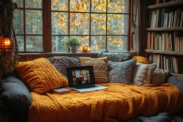 Canvas Print - Cozy Window Seat with a Laptop and a View