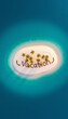 © pecherskiydotkz - Aerial view of a small tropical island with palm trees and the word ‘vacation’ written in the sand. The image evokes a sense of paradise and escape.