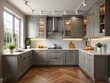 © Four888 - Elegant kitchen features sleek gray cabinets with modern hardware, contrasting with warm beige countertops and