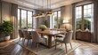 © Four888 - Elegant modern dining room set with wooden table, comfortable chairs, and stylish pendant light fixtures, surrounded by