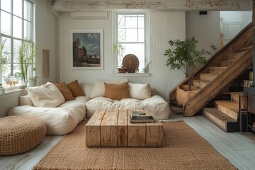 Wall Mural - Rustic Living Room with Wooden Stairs and a Large Sectional Sofa