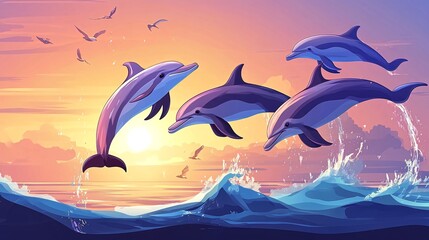 Wall Mural - a pod of playful dolphins leap from the ocean, their sleek bodies silhouetted against a vibrant suns