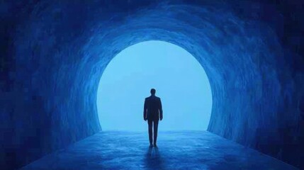 Wall Mural - a figure walking into a tunnel where light fades into darkness, [uncertainty], [unknown future]