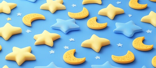 Three dimensional rendering of yellow stars and crescent moons arranged in rows on a blue backdrop