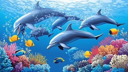 A pod of dolphins swimming through a vibrant coral reef with colorful fish.