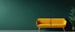 © MetaPixel - Mockup of a living room interior featuring a yellow sofa against an empty dark green wall background 3D rendering