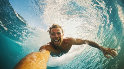 Man enjoying a sunny day surfing in clear ocean waters