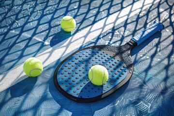 A tennis racket and three tennis balls sitting on a tennis court