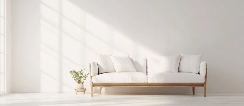 Modern living room featuring a sofa showcasing Scandinavian interior design in a bright white setting 3D rendering illustration