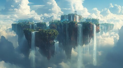 a fantasy cityscape on floating islands with waterfalls.