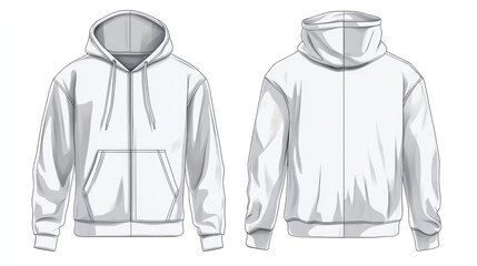 Zip up hoodie sweatshirt technical fashion illustration featuring long sleeves oversized fit kangaroo pouch and ribbed cuffs Flat template in white and grey colors for unisex CAD mockup