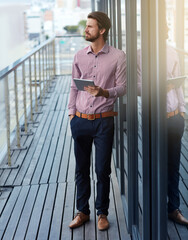 Poster - Balcony, thinking and business man on tablet for research online, planning and vision. Technology, city and urban planner outdoor with idea for development project, mindset and professional insight