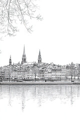 Strasbourg, France, black and white pen pencil hand-drawn effect portrait drawing illustration for travel poster, card, wallpaper, backdrop or banner. Modern, clear, artistic and simple