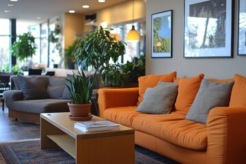 Poster - Orange Sofa in a Modern Interior with Plants and Artwork