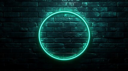 Wall Mural - A glowing teal neon circle on a black brick wall.