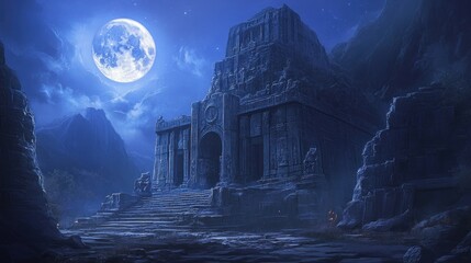 Wall Mural - Ancient Stone Temple Under a Full Moon