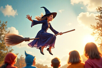 Wall Mural - A cheerful young witch flying on a broomstick, with excited children watching from below, set against a sunset sky.