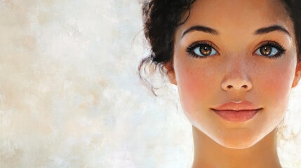 Wall Mural - A Close-up Portrait of a Woman with Brown Eyes and Freckles