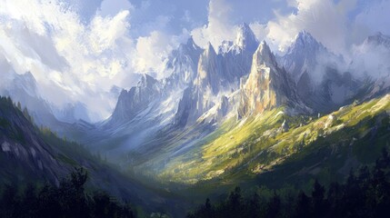 Canvas Print - A majestic mountain range with a valley shrouded in shadow and sunlight.