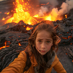 Lava from an active volcano sliding in flames on a hill with daytime fire