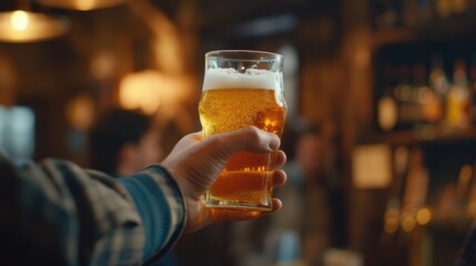 A person holding a glass of beer, great for bars, pubs or parties