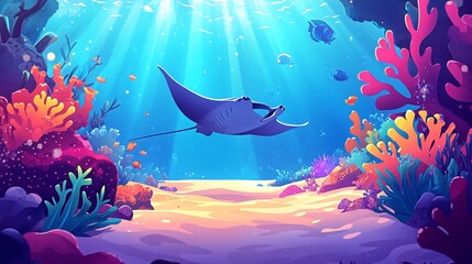 Canvas Print - A manta ray swims gracefully through a vibrant coral reef, illuminated by a sunbeam.