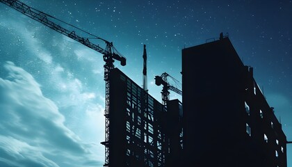 Wall Mural - Dramatic Shadows of Construction Equipment Against the Evening Sky