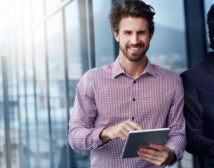 Poster - City, portrait and happy businessman on tablet for research online, planning mortgage or property price. Face, smile or realtor on technology for real estate, urban investment or building in New York