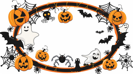 A Halloween-themed frame featuring playful pumpkins, spiders, and ghosts hanging from the corners. The frame is oval-shaped, adorned with orange and black accents, creating a design that is both spook