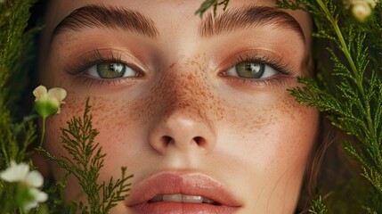 Sticker - Close-up Portrait of Woman with Freckles Surrounded by Greenery