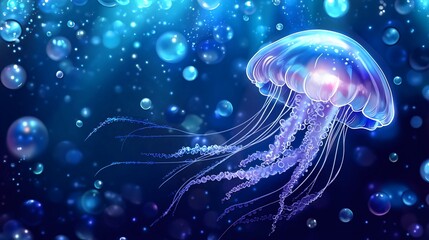 Canvas Print - A luminous jellyfish floats gracefully through the ocean, surrounded by shimmering bubbles.