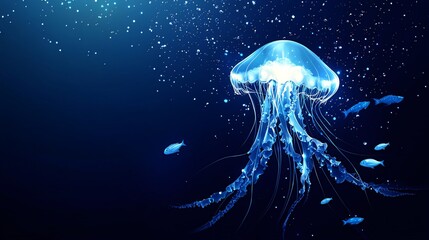 Wall Mural - A luminous jellyfish with long, flowing tentacles swims in the deep blue ocean.