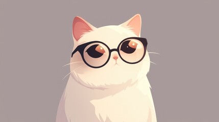 Illustration of an adorable white cat wearing glasses against a gray background in a vector art style