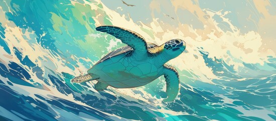 Wall Mural - Artwork depicting an endangered green sea turtle swimming through warm ocean waters