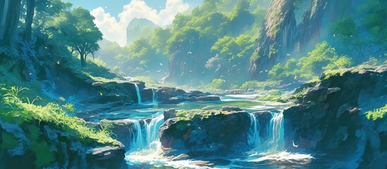 Painting of the Silky Flowing Waterfall in a Natural Setting