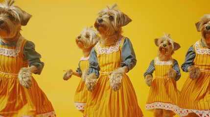 A group of small dogs wearing colorful yellow dresses, great for pet photography or advertising